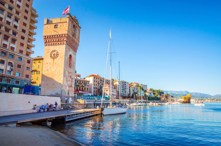 Leon Pancaldo Tower in harbour of Savona, Liguria, Italy.