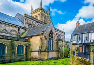 Photo of aerial view of Lichfield City with the pond and Cathedral, England.