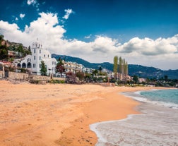 Photo of aerial view of village Palio coast, Kavala, Greece.