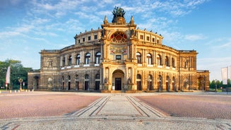 Photo of scenic summer view of the Old Town architecture with Elbe river embankment in Dresden, Saxony, Germany.