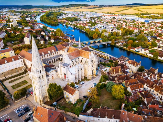 Image of aerial view of famous old town Auxerre with river in France