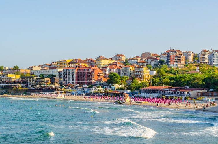 view of a residential area stretching around the shores of sozopol city in bulgaria is popular summer destination for tourists from whole europe.
