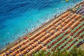 Photo of aerial morning view of Amalfi cityscape on coast line of Mediterranean sea, Italy.