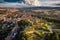 Aerial view of the city of Kłodzko and the huge fortress captured on a summer afternoon. Landscapes and attractions of Lower Silesia.