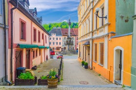 Photo of aerial view on Mikulov town in Czech Republic with Castle and bell tower of Saint Wenceslas Church.