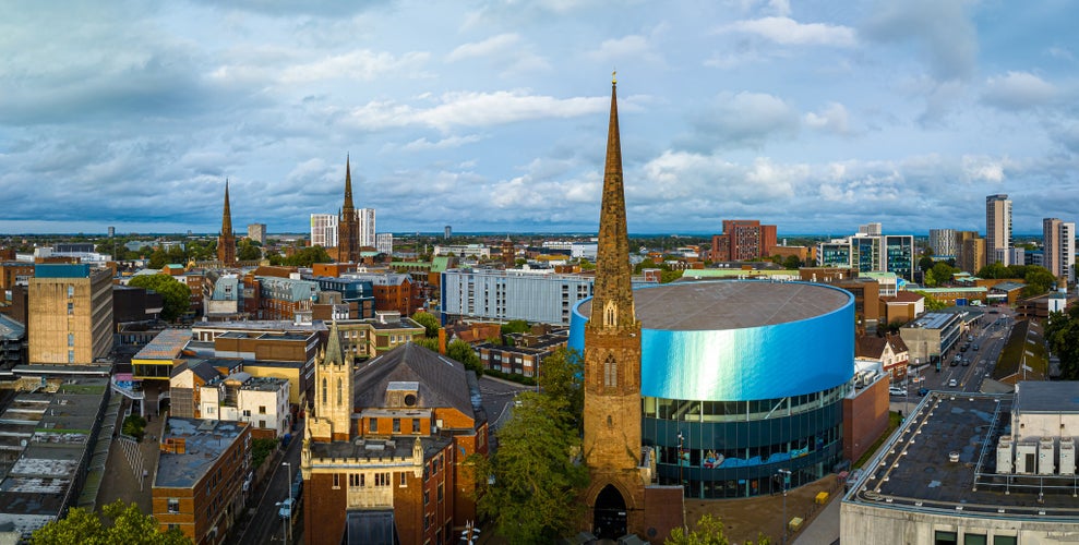 photo of aerial view of Coventry, a city in central England known for the medieval Coventry Cathedral and statue of lady Godiva.