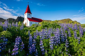 Photo of aerial view of Stykkishólmur village in northwestern Iceland.