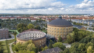 Photo of aerial view of the new town hall and the Johannapark at Leipzig, Germany.