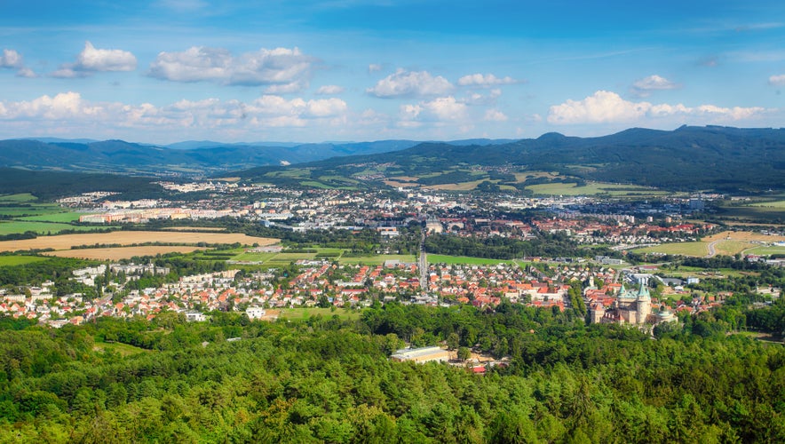 photo of aerial view of Prievidza and Bojnice from viewpoint in Cajka, Slovakia.