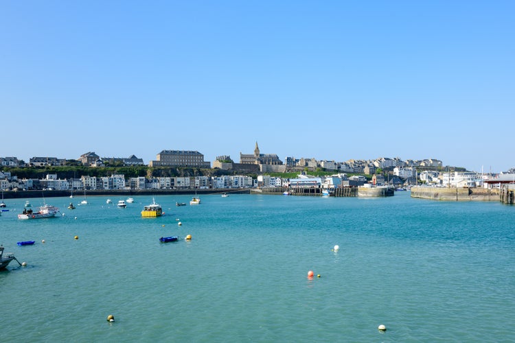 The harbor roadstead of the city of Granville in Europe, France, Normandy, Manche, in spring, on a sunny day.