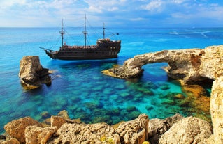 Photo of panoramic aerial view of Kalamis beach and bay in the city of Protaras, Cyprus.