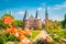 view of the historic town of Lübeck with famous Holstentor town gate on a beautiful sunny day with blue sky and clouds in summer, Schleswig-Holstein, northern Germany