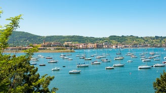 photo of an aerial view above Saint-Jean-de-Luz is a fishing town at the mouth of the Nivelle river, in southwest France’s Basque country. 