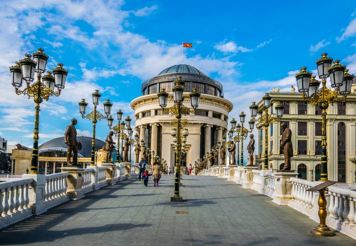 Photo of the Art bridge leading towards the Ministry of Foreign Affairs and the Financial Police in Skopje, North Macedonia.