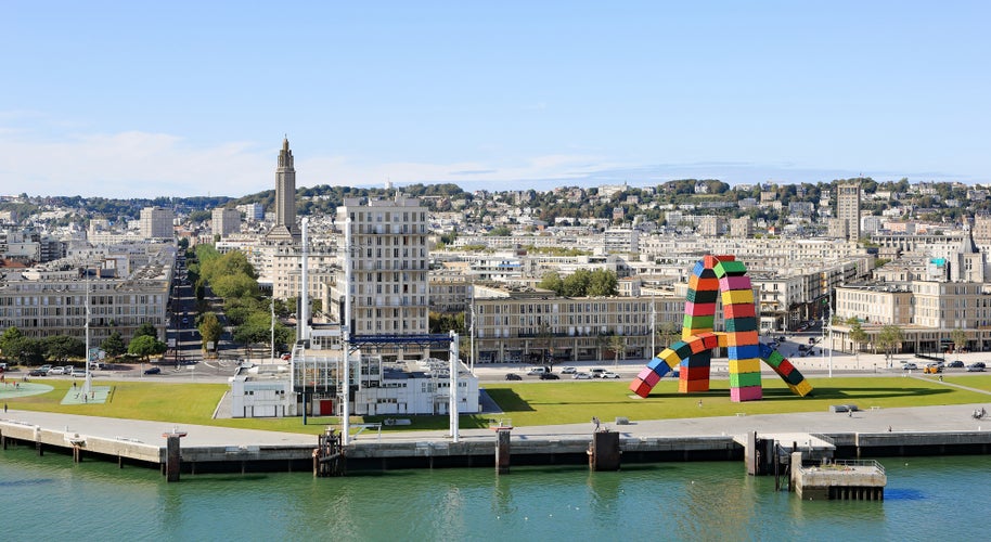 Le Havre, France -  The Southampton wharf with Le Havre port center, the control tower of the harbor master's office, the "Catène de containers" and the UNESCO classified buildings.