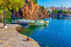 Photo of aerial view of the port in Agios Nikolaos, famous travel destination of Crete, Greece.