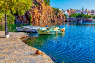 Photo of aerial view of the port in Agios Nikolaos, famous travel destination of Crete, Greece.