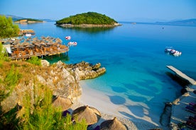 Photo of panoramic aerial view of Ksamil beautiful beach, Albanian Riviera.