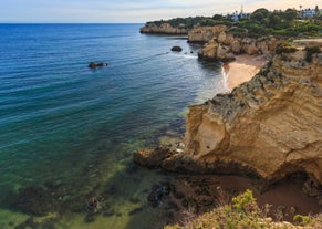 Photo of aerial view of Beautiful Portuguese beaches Armacao de Pera, Portugal.