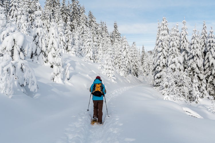 photo of view of Girl hiking with snowshoes in the Rosengarten-Schlern group (Gruppo Catinaccio Sciliar) and the village of Karersee Carezza, Italy.