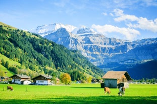 Photo of aerial view of Lenk  village in Switzerland.