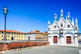 Photo of Italy Piazza Maggiore in Bologna old town tower of town hall with big clock and blue sky on background, antique buildings terracotta galleries.