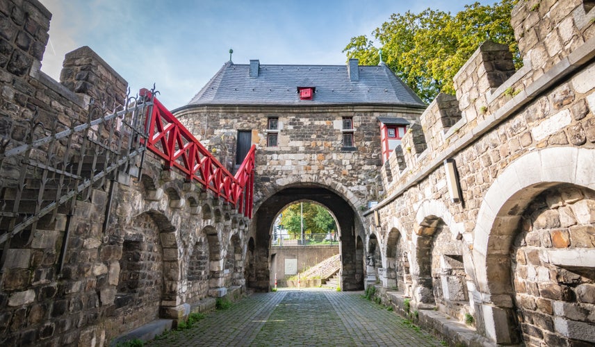 phot of  view  of Ponttor, medieval city gate in Aachen, Germany.