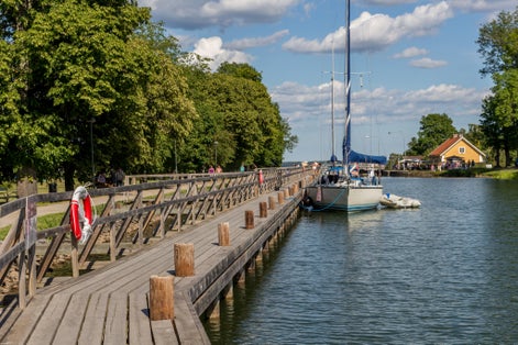 photo of Gota Canal and lake in sunny day at Linkoping city. Sweden.