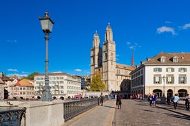 Bern, Switzerland. View of the old city center and Nydeggbrucke bridge over river Aare.