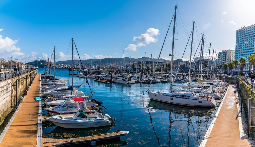 Photo of panorama view across the marina in Vigo, Spain on a spring day.