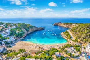 photo of an aerial view of Sant Antoni de Portmany in Ibiza islands, Spain.