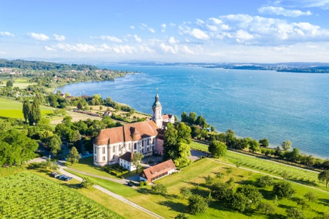 Photo of Cistercians monastery Birnau at Lake Constance aerial view photo baroque pilgrimage church in Germany .