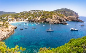 photo of an aerial view of Sant Antoni de Portmany in Ibiza islands, Spain.