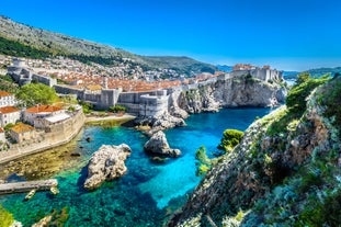 Photo of panoramic aerial view of the old town of Dubrovnik, Croatia seen from Bosanka viewpoint on the shores of the Adriatic Sea in the Mediterranean Sea.