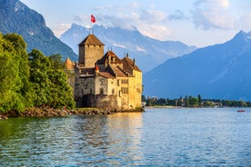 Panoramic view of historic Zurich city center with famous Fraumunster, Grossmunster and St. Peter and river Limmat at Lake Zurich on a sunny day with clouds in summer, Canton of Zurich, Switzerland