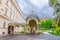 Photo of Park Colonnade with wooden arbor in Dvorak Park Dvorakovy sady in Karlovy Vary (Carlsbad) historical city centre, West Bohemia, Czech Republic.