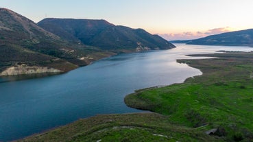 Photo of aerial view of the Earthfill dam (aka Embankment Dam) in Yermasoyia ,Limassol, Cyprus. 