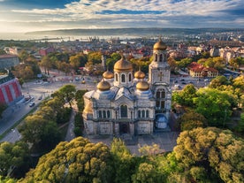 Photo of panoramic aerial view of the sea port of Sveti Vlas in Bulgaria.