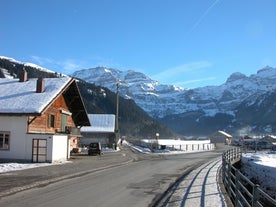 Photo of aerial view of Lenk  village in Switzerland.