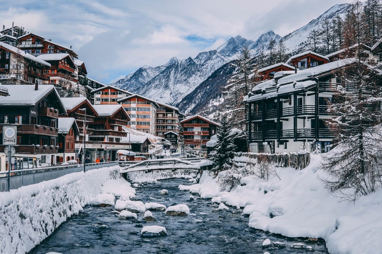 photo of beautiful Zermatt City and Matterhorn fresh snow in Switzerland.