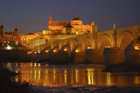 Photo of Roman Bridge Córdoba and river Guadalquivir at night ,Spain .