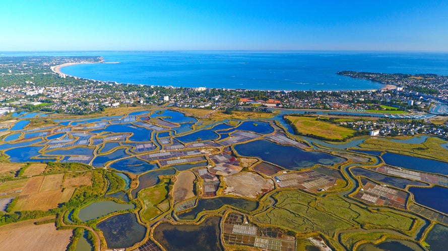 Aerial view of La Baule Escoublac city from Guerande salt marshes, Loire Atlantique, France