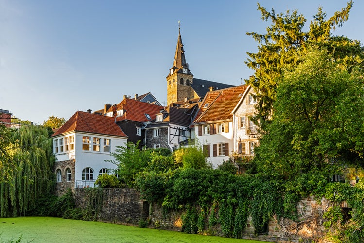 photo  of view of  The historical centre of Essen Kettwig at the Ruhr river in the evening sun, Germany.