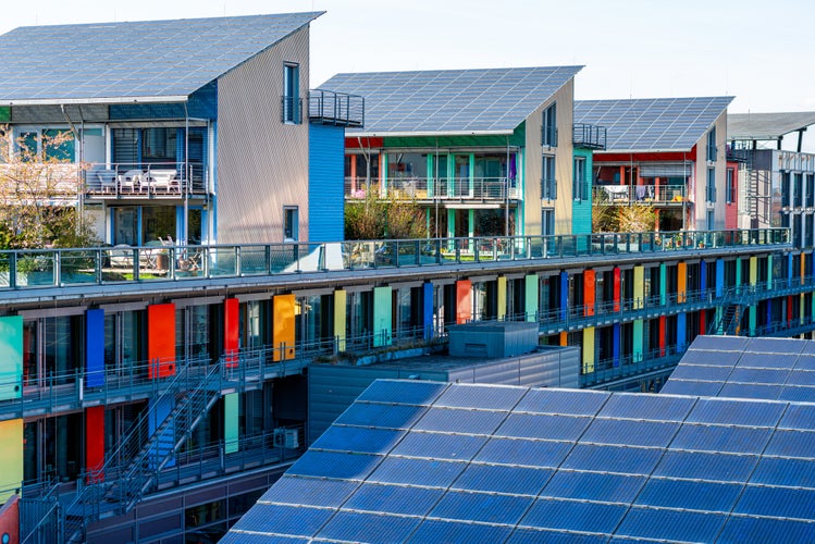 photo of details of the Sunship in green City, Freiburg. The solar sunship is in the solar village Vauban in Freiburg, Black Forest, Germany. It is known for its use of alternative and renewable energy.