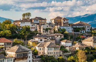 Panoramic view of Skopje town with Vodno hill in the background.