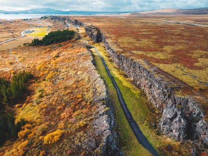 photo of aerial view of thingvellir national park, where two tectonic plates meet.