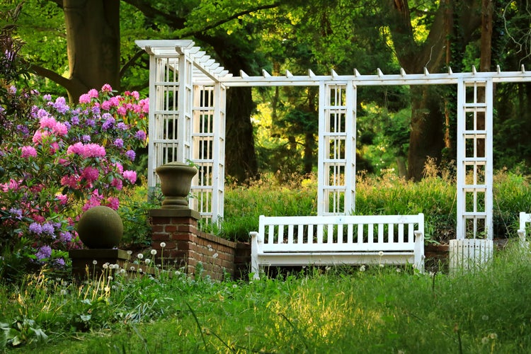 Scenery in a park in spring:a white pergola,bench an flowering Rhododendrons on the left(Knoops park,Bremen,Germany