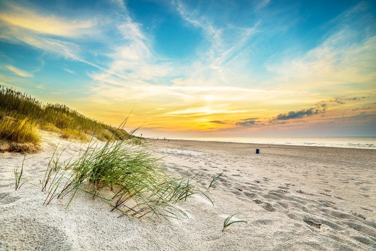 Photo of Sand dunes against the sunset light on the beach in northern Poland.