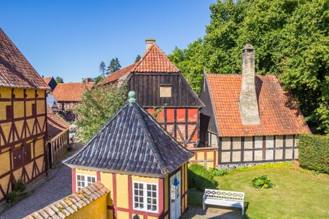 Photo of colorful historic buildings in the old town of Aarhus, Denmark.