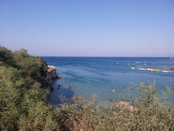 Photo of panoramic aerial view of Kalamis beach and bay in the city of Protaras, Cyprus.